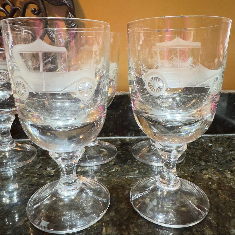 Vintage Glasses Goblets Etched Automobile Retro Set 5 Classic Car Barware Bomar